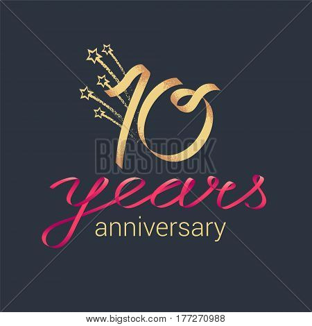 10 years anniversary vector icon logo. Graphic design element with lettering and red ribbon for decoration for 10th anniversary ceremony