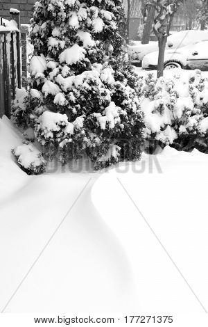 Snow drift in suburban neightborhood during snow storm space for text bottom half vertical