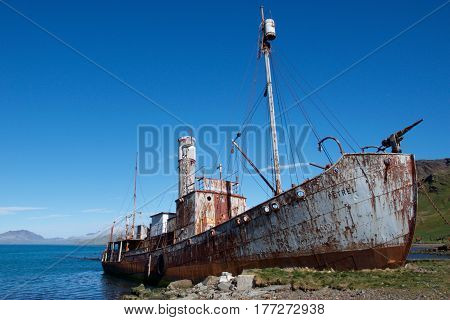 Old whaling ship left at Grytviken in South Georgia, Antarctica