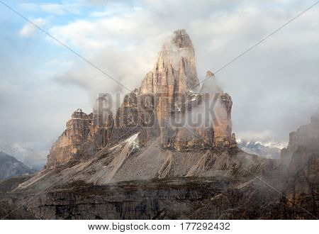 Morning view of Drei Zinnen or Tre Cime di Lavaredo with beautiful cloudy sky Sextener Dolomiten or Dolomiti di Sesto South Tirol Dolomites mountains view Italian Alps