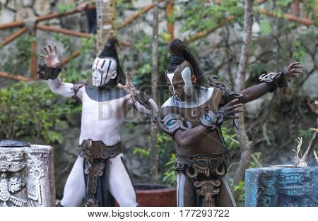 Tulum Mexico March 12th 2017: Men in Maya indian costumes in the temple ruins