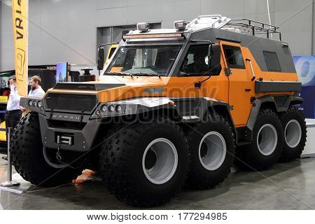 MOSCOW - MARCH 09 2017: Russian Shaman an all-terrain vehicle with the wheel formula 8x8 for 10 International boat show in Moscow. Russia.