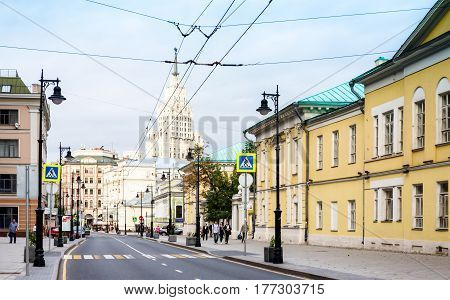 MOSCOW - AUGUST 26 2016: Pedestrian crossing on Myasnitskaya street view to the Red Gate Building. This area is known from 1482 there are a lot of historic buildings here.