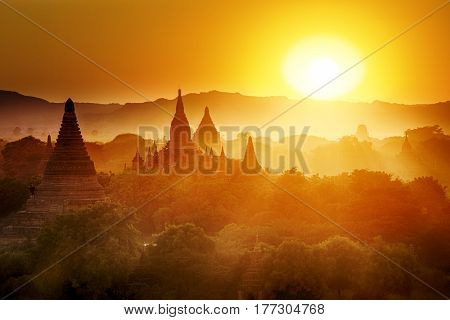 Scenic view of ancient Bagan temple during golden hour 
