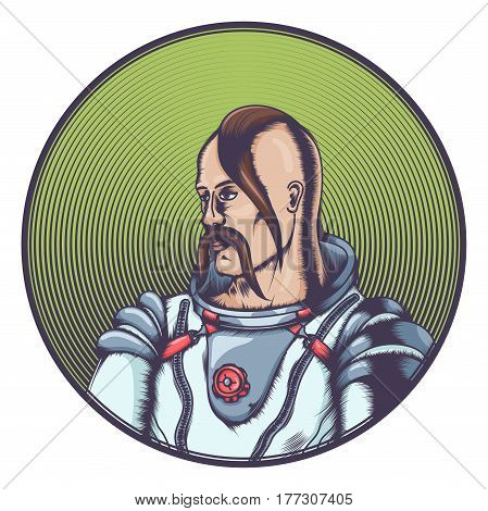 A colored Cossack in the cosmonaut costume. In a round frame. On a white background.