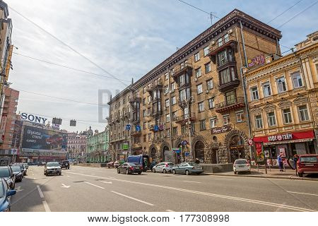 KIEV, UKRAINE - MARCH 24, 2014: Mid-day in the center of Kiev in the Bessarabskiy street.