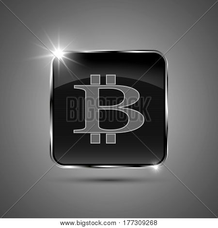 The vector black button in a metal frame with bitcoin symbol