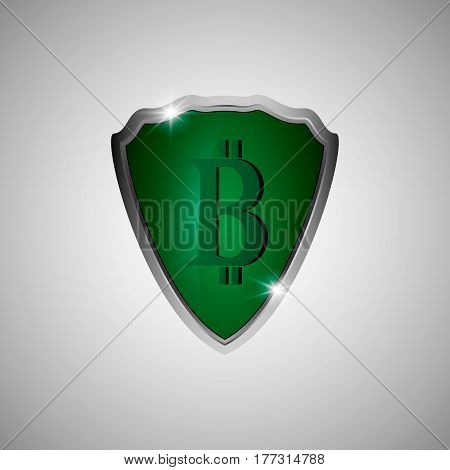 The vector green shield in a metal frame with bitcoin symbol