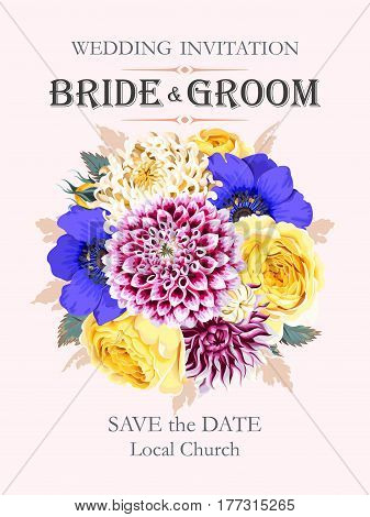 Vector wedding invitation with high detailed flowers