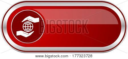 Hand protect the earth red long glossy silver metallic banner. Modern design web icon for smartphone applications