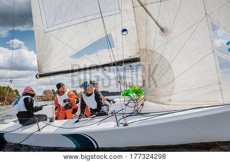 Konakovo April 19 :  Public open. Team athletes participating in the sailing competition - match race held in Konakovo on river Volga April 19 2016