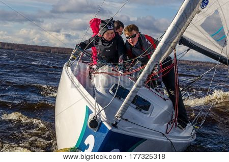 Konakovo April 19 :  Public open. Team athletes participating in the sailing competition - match race held in Konakovo on river Volga April 19 2016