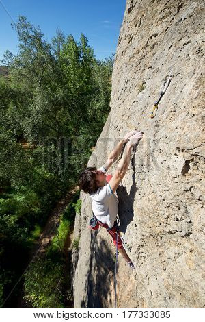 Climbing in Morata de Jalon, Zaragoza province, Aragon, Spain.