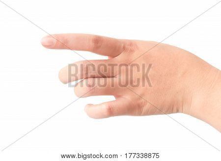 Young woman finger pain isolate on white background