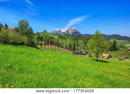 Springtime view from the foot of Mt. Stanserhorn in Switzerland, Mt. Pilatus in the background. Stanserhorn is a mountain located in the Swiss canton of Nidwalden.