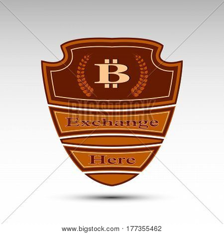 The vector flat shield with bit coin symbol.Exchange here