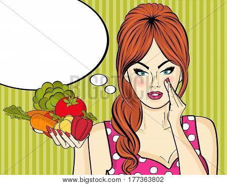 Sexy Pop Art Woman With Vegetables In His Hand