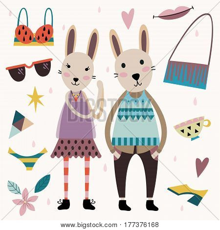 Set of cute fashion animals and fashion elements and accessories. Hand drawn vector illustration in scandinavian style.