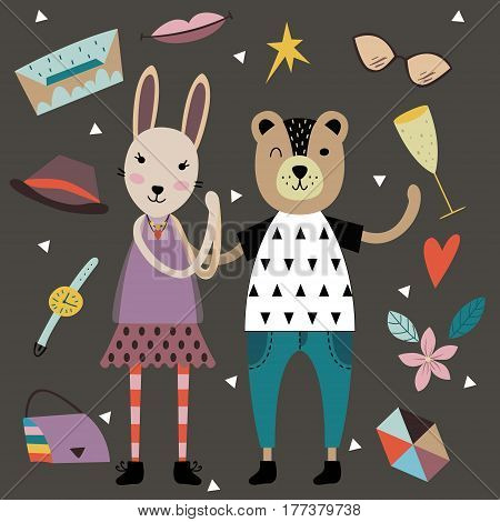 Set of cute fashion animals and fashion elements and accessories. Hand drawn vector illustration in scandinavian style.
