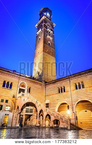 Verona Italy. Torre dei Lamberti and courtyard of Palazzo della Ragione both from 14th century.