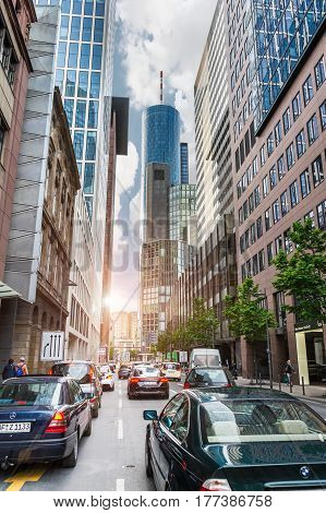 FRANKFURT AM MAIN GERMANY - MAY 18 2016: Rush hours in Frankfurt am Main city. Frankfurt am Main is dynamic and international financial and trade city with the most imposing skyline in Germany.