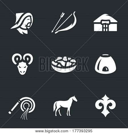 Herdsman, bow and arrow, yurt, ram, food, tandoor, whip, horse, ornament.