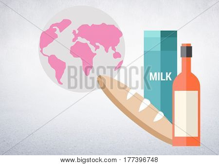 Digital Composite image of foods with a globe against a light grey background