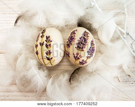 Happy Easter. Easter Eggs With Lavender Decoupage And Down