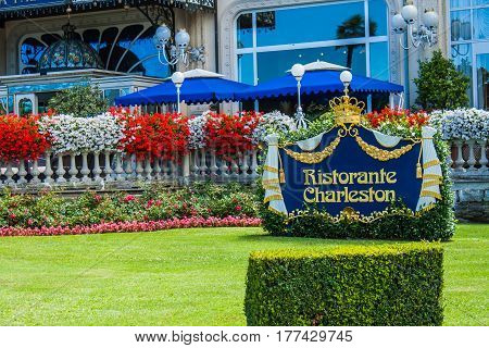STRESA ITALY - JULY 14 2016. Stresa view on Regina Palace Hotel a town on the Maggiore Lake