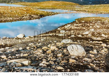 Beautiful Norwegian Mountains and Blue Lake. Nature of Norway. Travel and Hiking. Amazing Scenic View. Nobody. Scandinavia