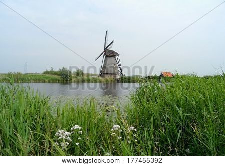 Authentic Dutch Windmill at Kinderdijk Windmill Complex, Molenwaard, South Holland