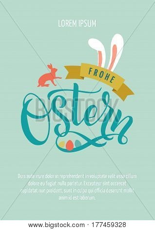 Happy Easter Germany Calligraphy Greeting Card. Modern Brush Lettering. Joyful Wishes, Holiday Greetings. Pastel Background. Bunny and Chicken.