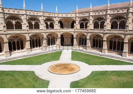 LISBON, PORTUGAL - 07 AUGUST 2011: Inner courtyard and gardens of Jeronimos Monastery