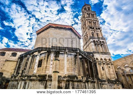 Dramatic sky over ancient roman cathedral in town Split, Saint Domnius bell tower, famous sightseeing place in Croatia, Europe.
