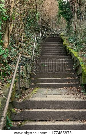 Long Curving Alley Staircase Outdoors Plants Tight Steep Handrail Blauer Weg Stuttgart