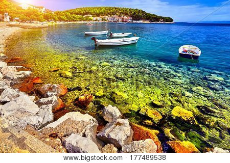 Beautiful Scene Of Boats Lying In The Harbor Of Drvenik At Sunse