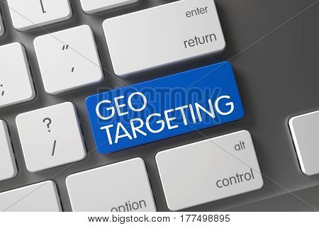 Geo Targeting Concept Laptop Keyboard with Geo Targeting on Blue Enter Key Background, Selected Focus. 3D.