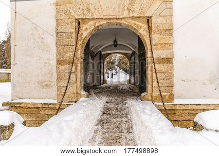 Varazdin Old Town gate in winter time, one of the most important tourist centers of northern Croatia.