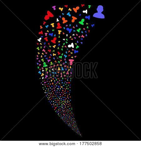 User random fireworks stream. Vector illustration style is flat bright multicolored iconic symbols on a black background. Object fountain constructed from scattered symbols.