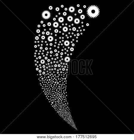 Cogwheel random fireworks stream. Vector illustration style is flat white iconic symbols on a black background. Object fountain made from scattered pictographs.