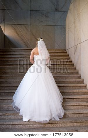 Attractive charming bride in a white dress standing on the ladder