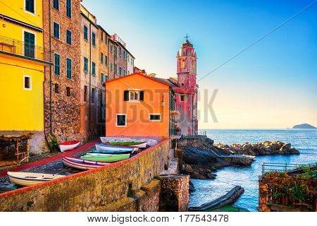 Tellaro sea village street church and boats. Five lands Cinque Terre Liguria Italy Europe.