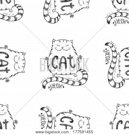 Cute Cat Seamless Pattern, Funny Hand Drawn
