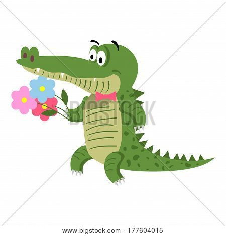 Cartoon crocodile with flowers isolated on white background. Cute big reptile with pink bow and bouquet vector illustration. Drawn friendly croc going to make present at the party in flat style