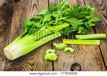 Bunch of fresh celery stalk with leaves. Studio Photo