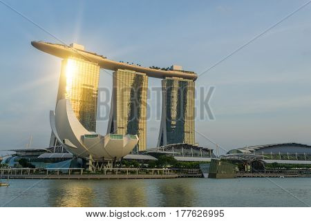 SINGAPORE CITY, SINGAPORE - FEBRUARY 10, 2017:  View Of Marina Bay sands at sunrise. Travel, Singapore on FEBRYARY 10, 2017