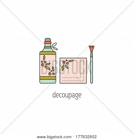 Decoupage vector thin line icon. Bottle, decorated by hand in special technique. Isolated symbol. Logo template, element for business card or workshop announcement. Simple mono linear modern design.
