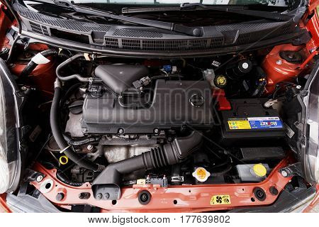 DNIPRO UKRAINE - AUGUST 10 2016: NISSAN MICRA ORANGE COLOR UNDER THE HOOD