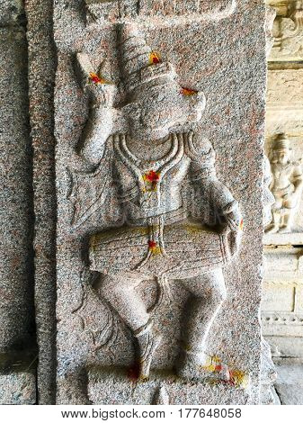 Sculptor engraved on Shivagange temple depicting tabla being played near Bangalore, India captured on March 19th, 2017
