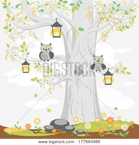 Название: A family of owls on a tree in spring, cute cartoon characters. 
Illustration for posters, banners, cards, and other design projects for children